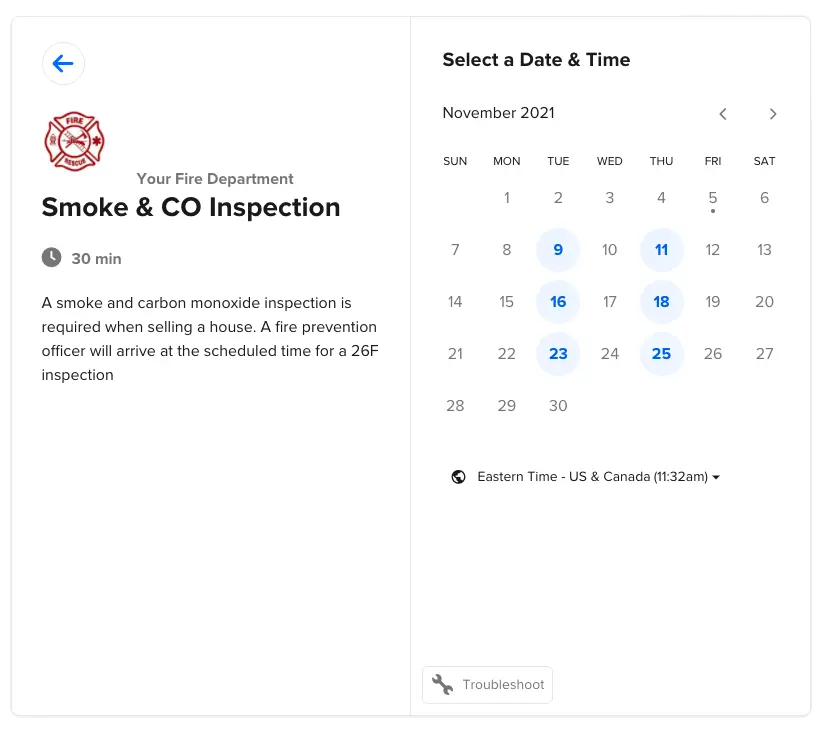 Graphic showing a scheduling interface for making fire prevention appointments.