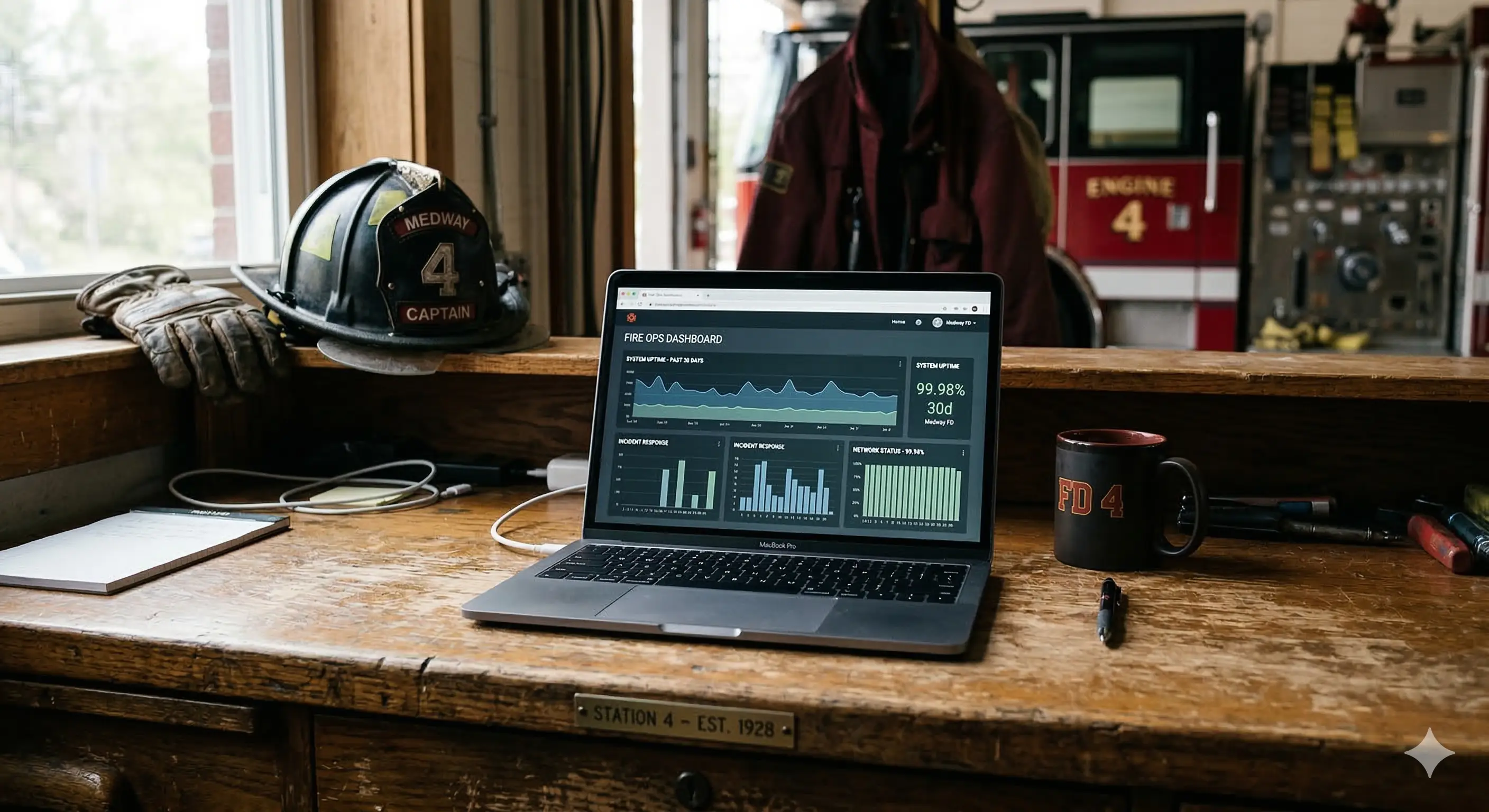Laptop showing uptime dashboard sitting on old desk in fire station.