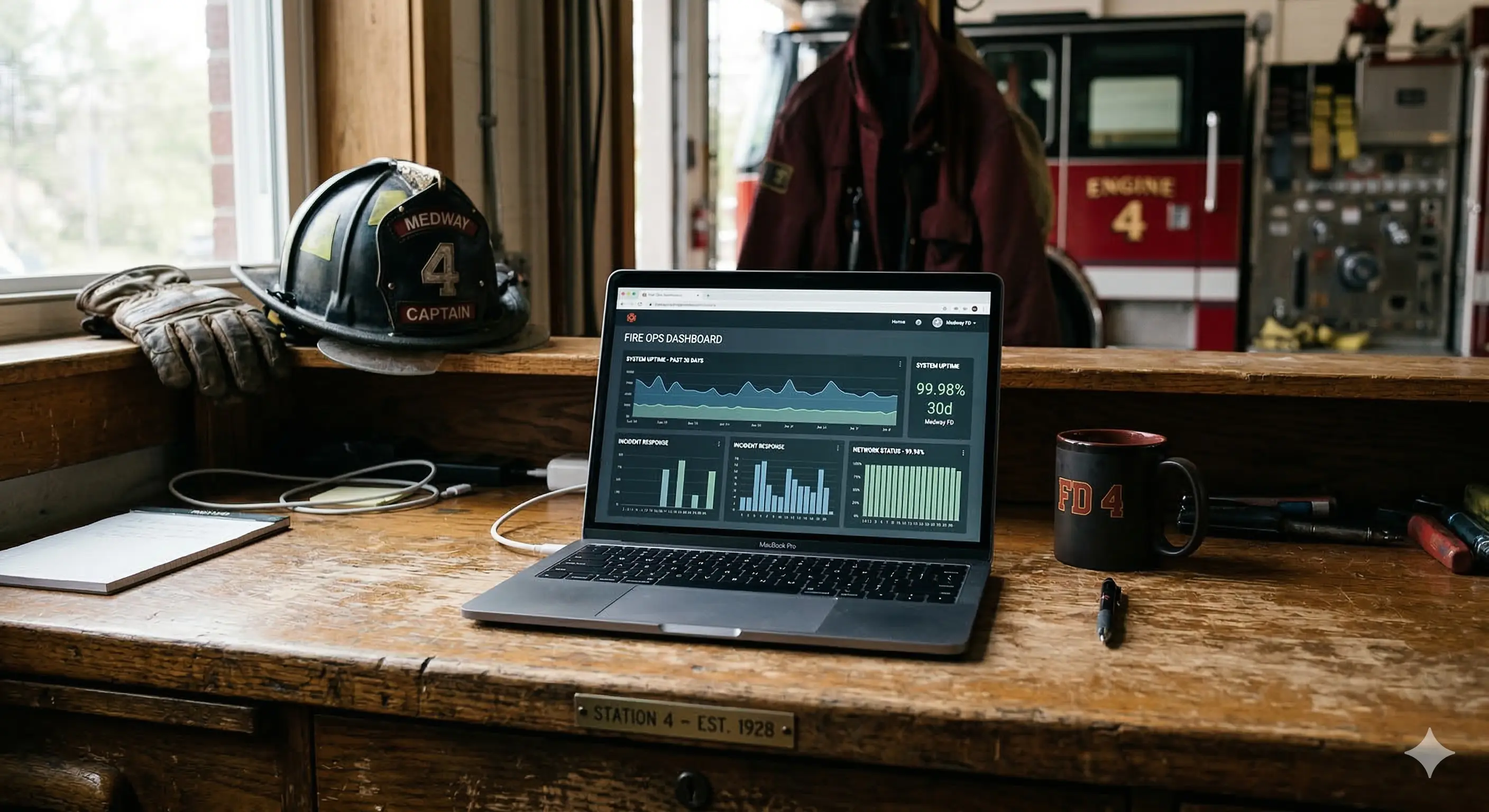 Laptop showing uptime dashboard sitting on old desk in fire station.