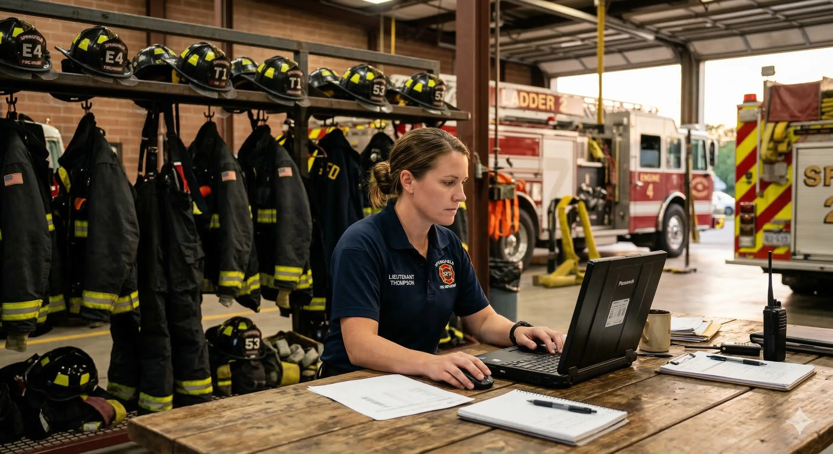 Fire officer reviewing fire department website on a laptop at the station.