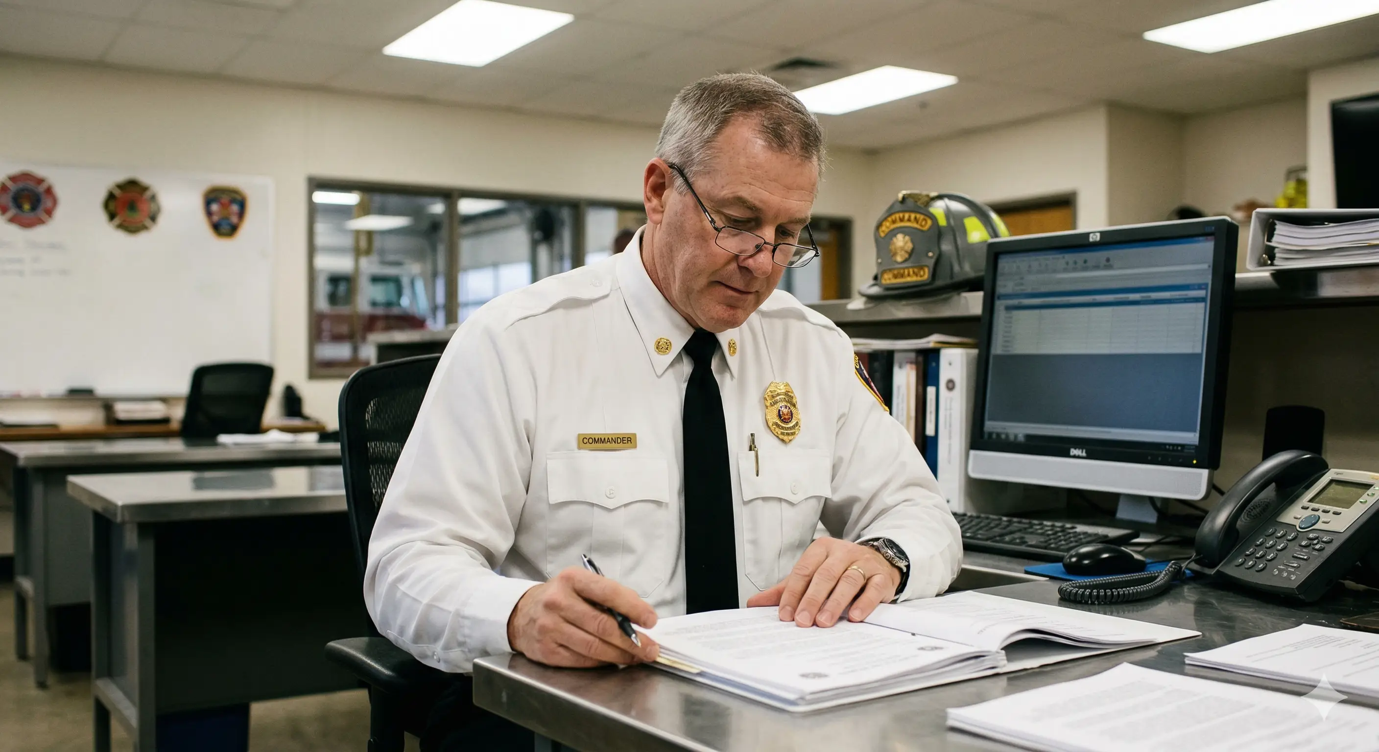 Fire department officer reviewing ADA compliance documents for department website