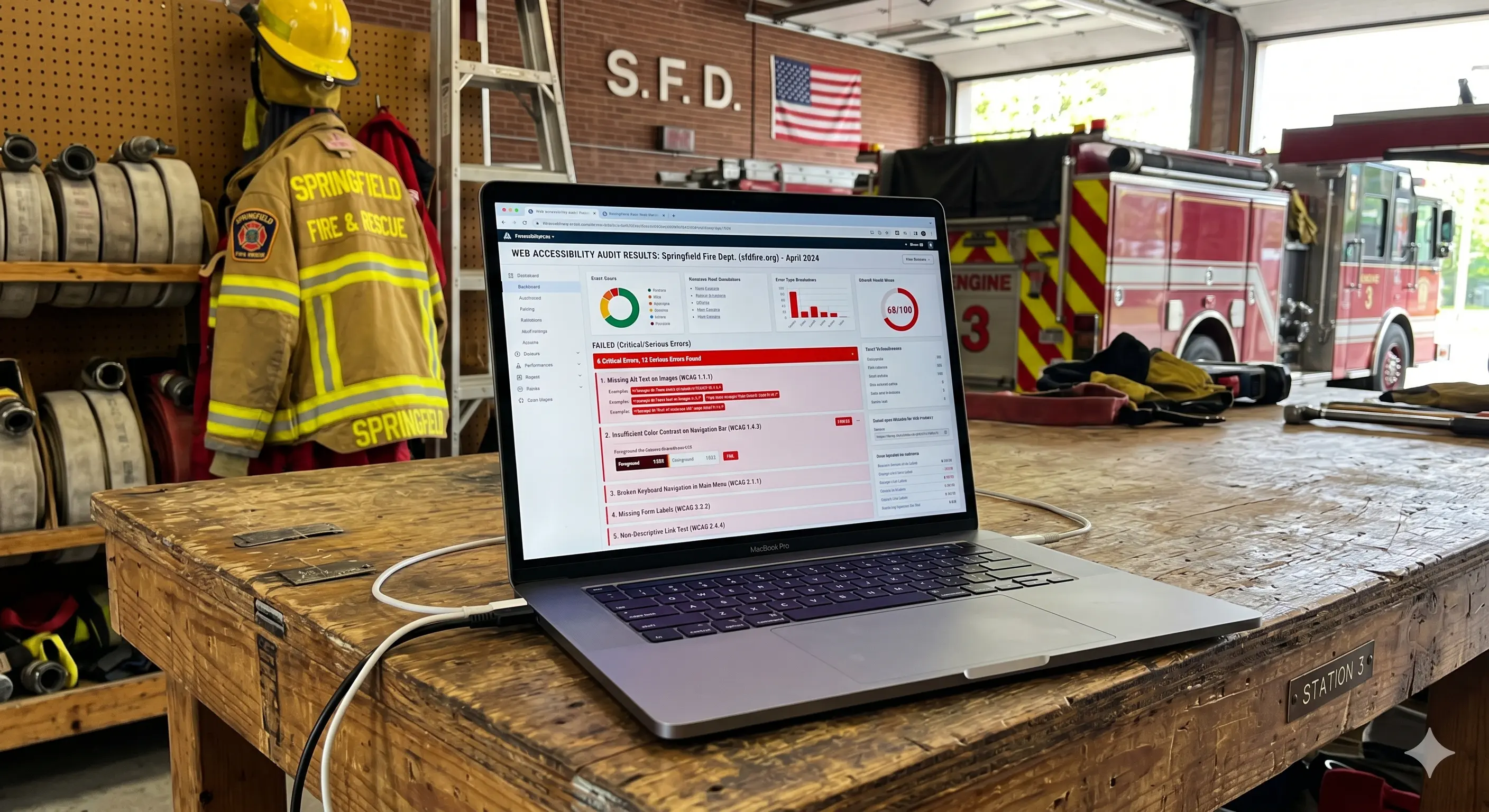 Laptop showing website accessibility audit results with compliance errors highlighted