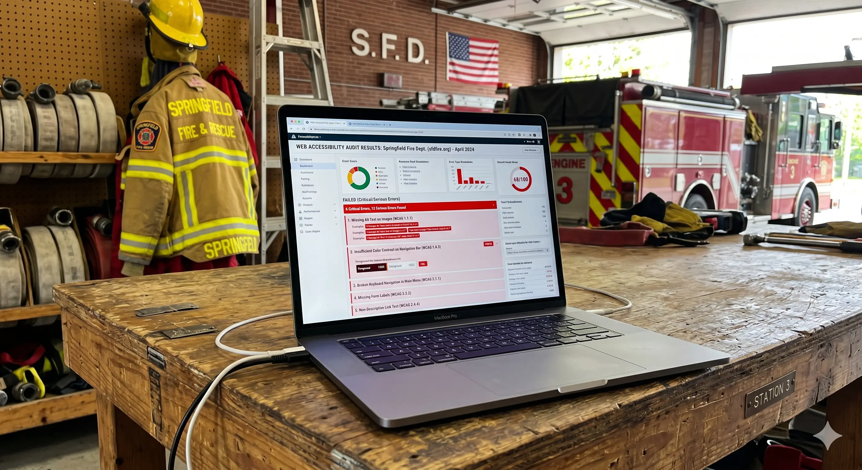 Laptop showing website accessibility audit results with compliance errors highlighted