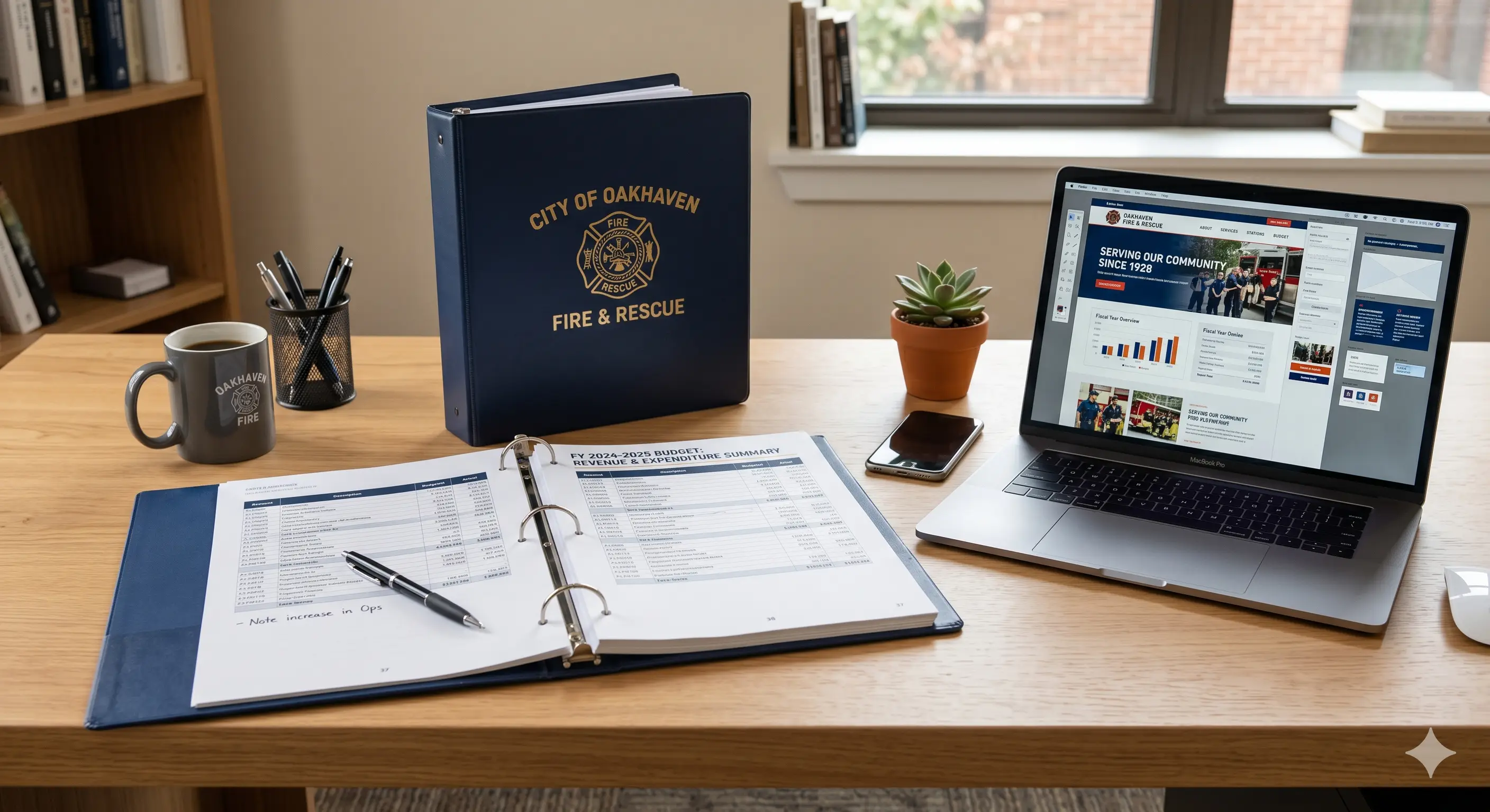 Fire department budget documents beside laptop showing website design mockup