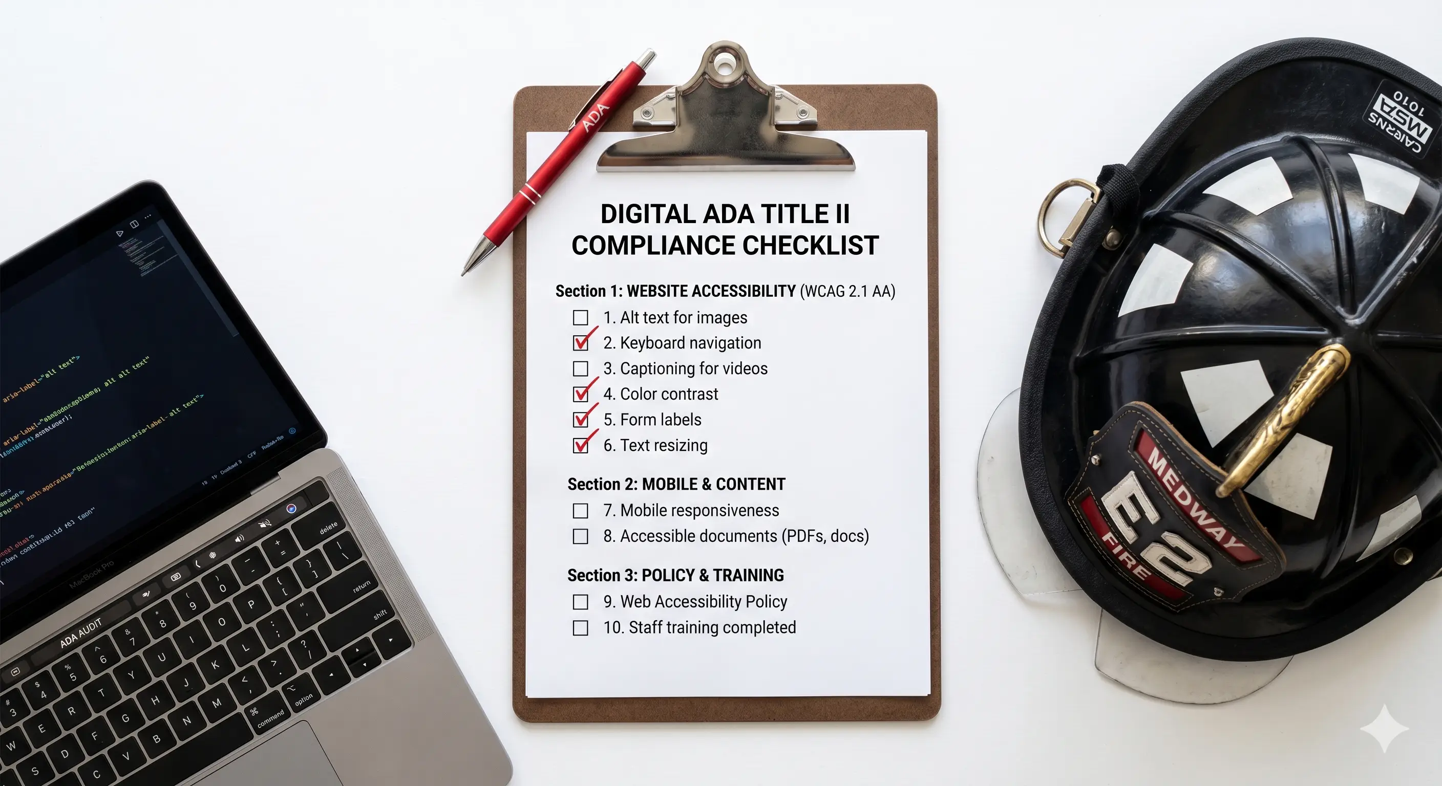 Compliance checklist clipboard beside firefighter helmet for ADA website audit