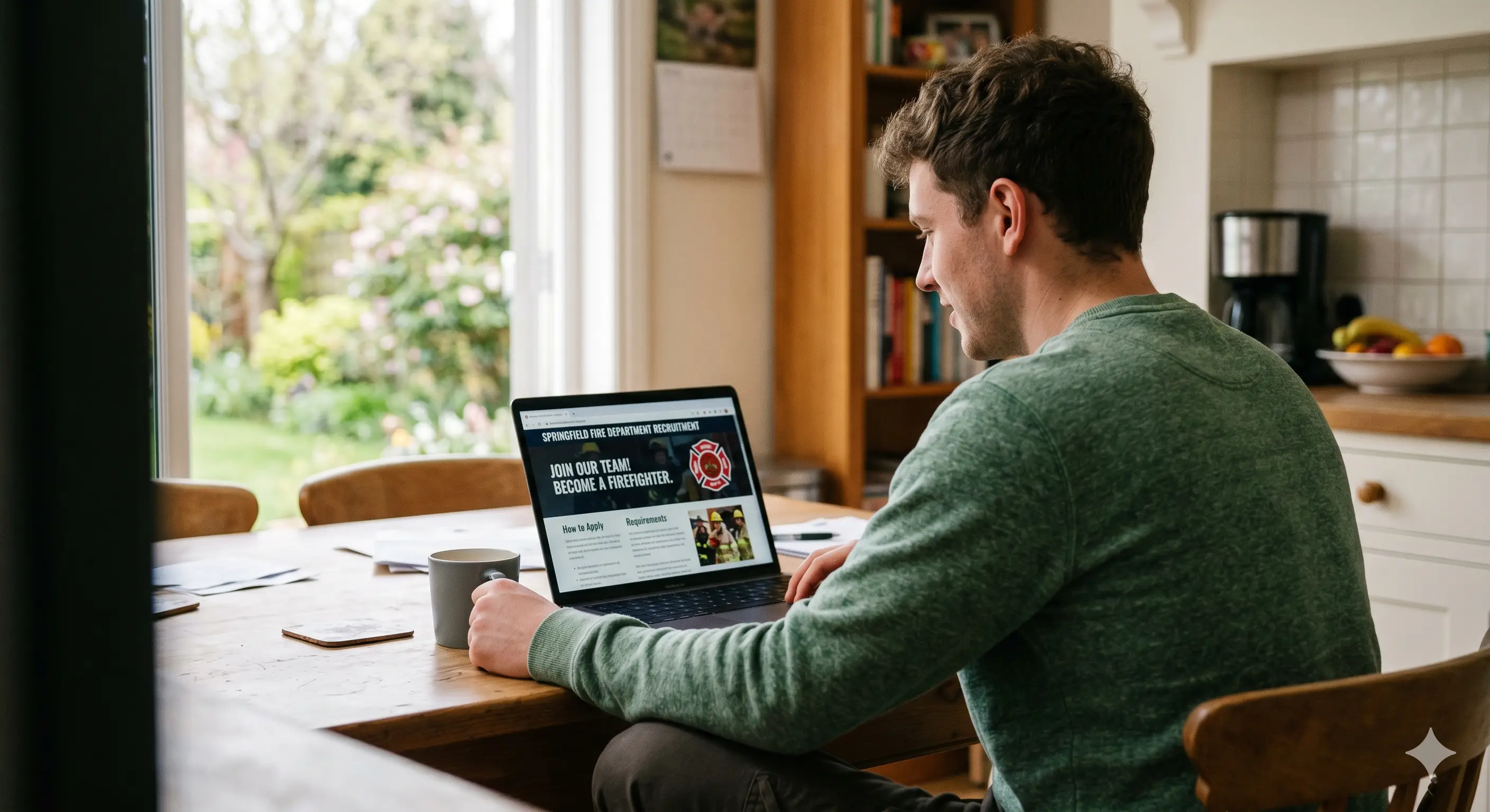 Prospective volunteer viewing fire department recruitment website on laptop at home